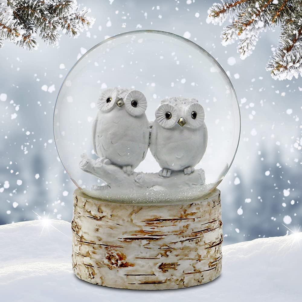 White Owl Babies Snow Globe with Birch Base
