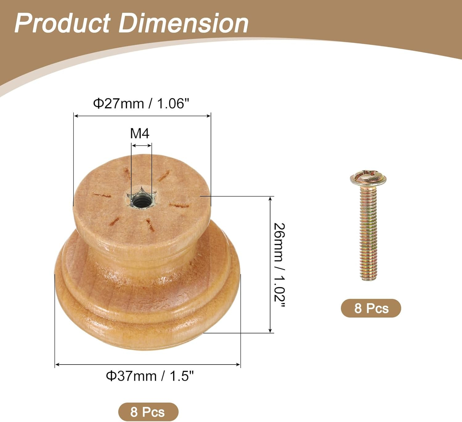 uxcell 8pcs Round Wooden Knobs, 37mm/1.5" Mushroom Shape Kitchen Cabinet Knobs Single Hole Drawer Pull Hardware Handles Decorative Furniture for Drawer Dresser Wardrobe, Light Brown