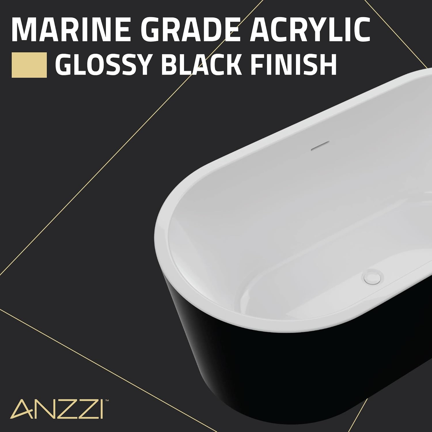 Glossy Black Acrylic Freestanding Soaking Bathtub with Overflow