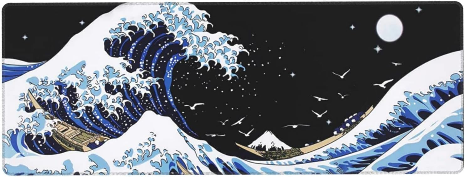 Japanese Blue and Black Sea Wave Mouse Pad Abstract Blue Desk Mat 31.5x11.8 Inch Sea Wave Texture Non-Slip Rubber Base Wave Mousepad Stitched Edges Keyboard Mouse Mat Desk Pad for Office Home Game