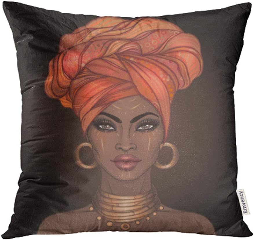 Emvency Throw Pillow Covers Decorative Cases African Pretty Girl of Black Woman with Glossy Lips and Turban Great 20x20 Inch Cover Cushion Pillowcase Square Case Print