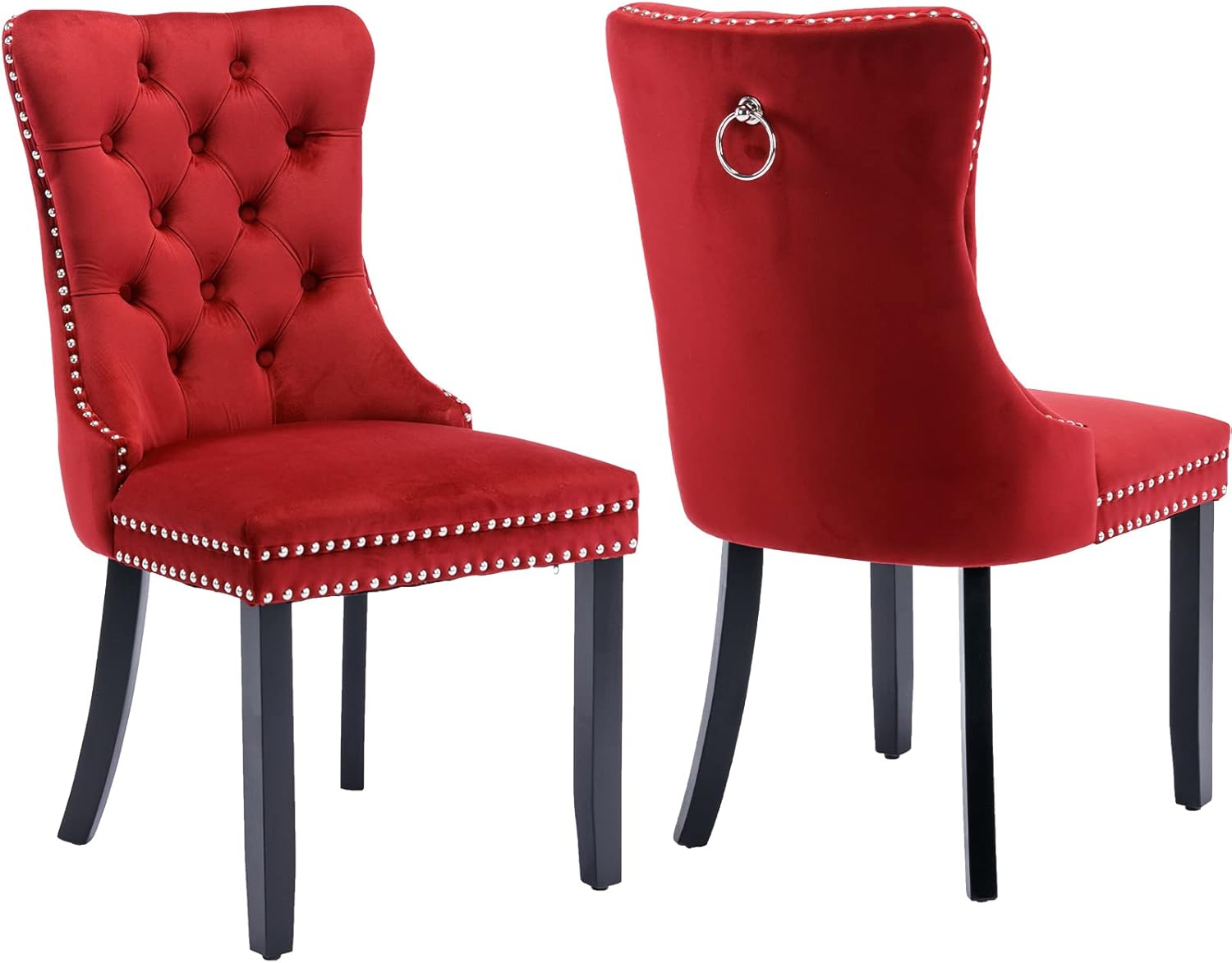 Set of 2 Velvet Dining Chairs,Upholstered Wing-Back Dining Chairs with Button Tufted Backrest and Nailhead Trim,Accent Armless Chairs with Solid Wood Legs for Kitchen Living Room Office,Burgundy