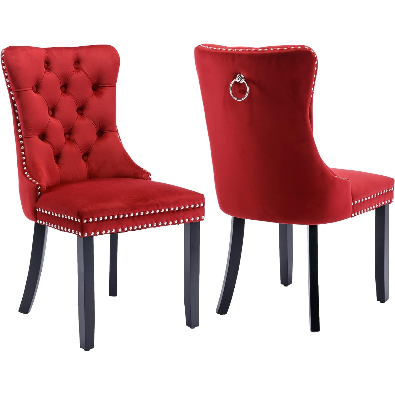 Set of 2 Velvet Dining Chairs,Upholstered Wing-Back Dining Chairs with Button Tufted Backrest and Nailhead Trim,Accent Armless Chairs with Solid Wood Legs for Kitchen Living Room Office,Burgundy