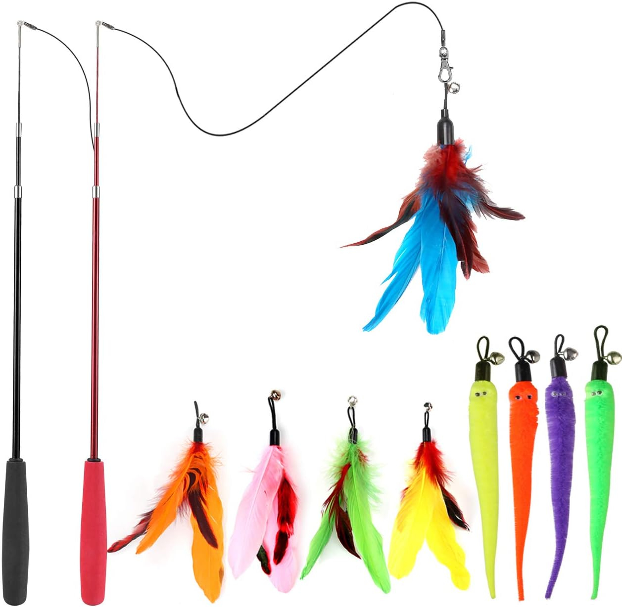 Cat Feather Toy, Retractable Cat Toys Wand 2 Wands & 9 Assorted Teaser Refills, Interactive Feather Teaser Wand Toy Bell Kitt