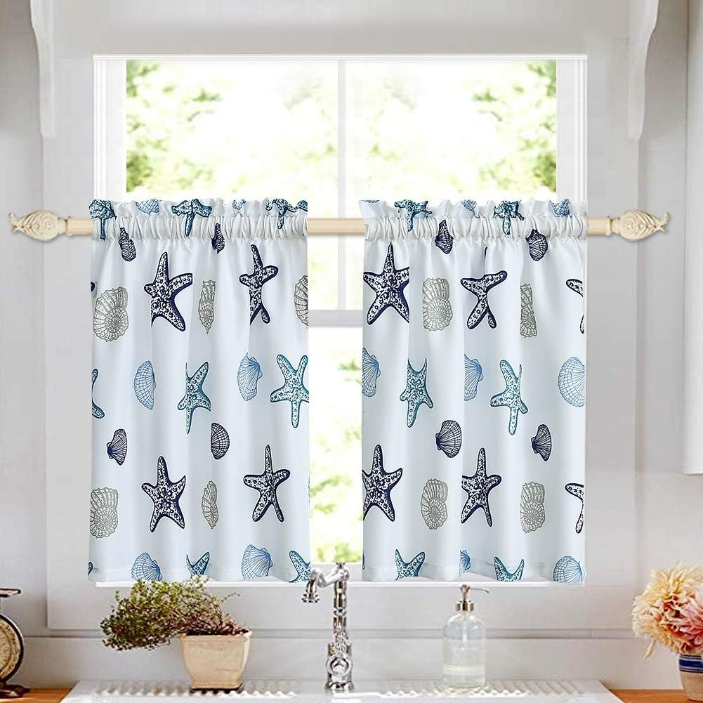 Tier Curtains for Kitchen Windows Starfish café Curtains, 1 Pair 27" x 36" Multi-Color Seashell Conch Printed Half Window Curtain Set for Bathroom Rod Pocket, Blue