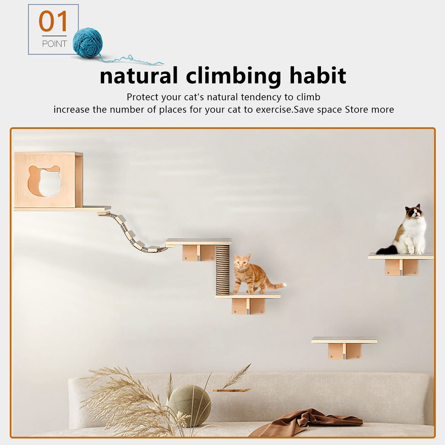 Cat Wall Shelves and Furniture Set with Condos, Perches, Bridge Ladders, Sisal Scratching Posts - Steps and Houses for Cats (A)