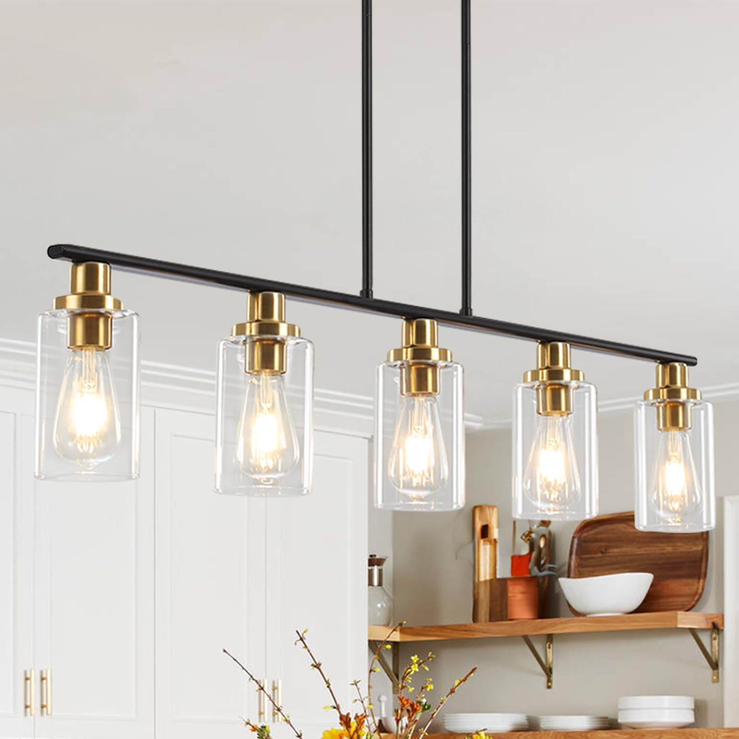 Island Light for Kitchen, 5 Lights Dining Room Lights Fixture with Clear Glass Shade, Matte Black and Gold Finish Pendant Lighting Over Table - ETL Listed