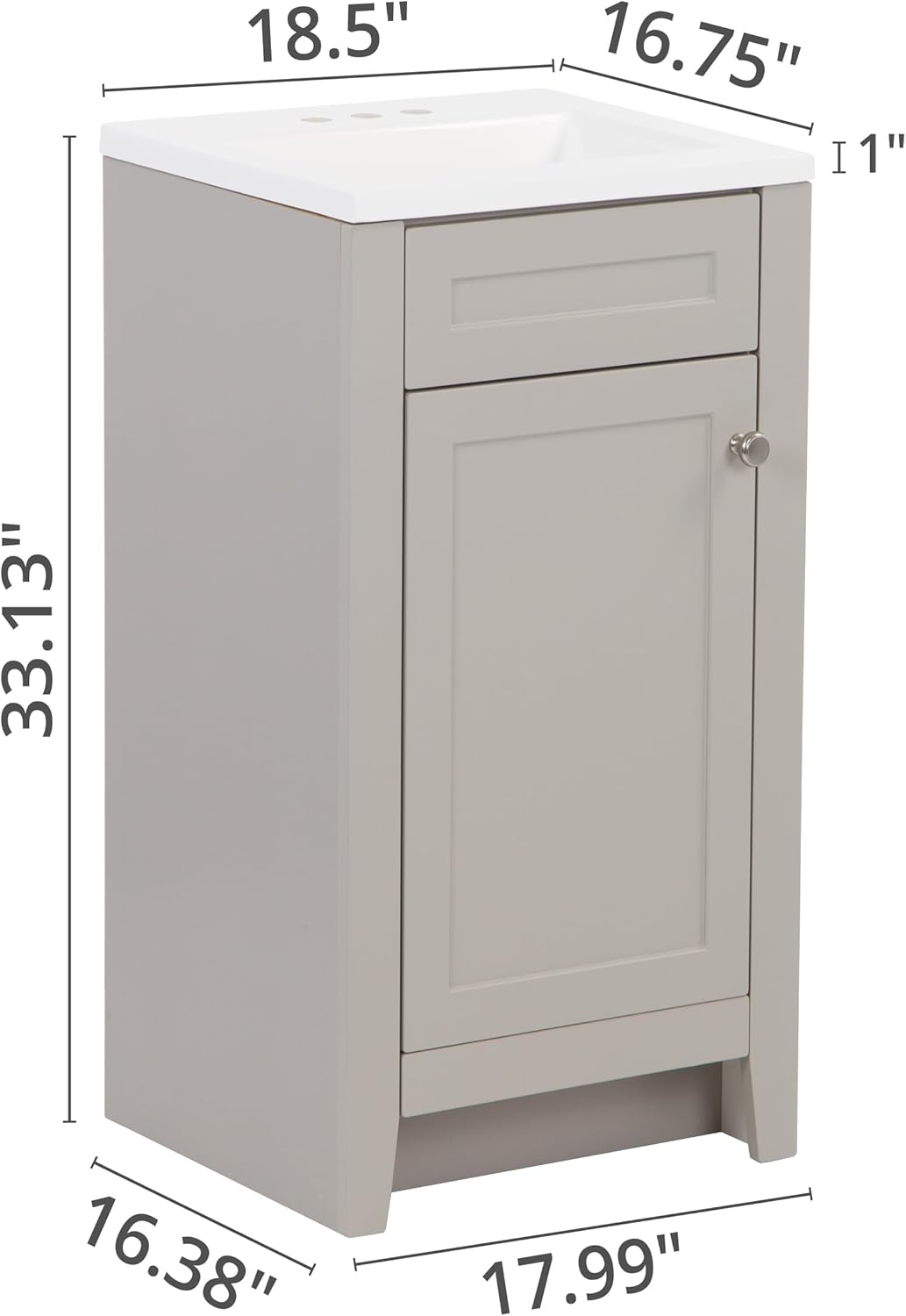 Spring Mill Cabinets Wyre 18 Inch Bathroom Vanity with White Single Sink Top, 1-Door Cabinet, 18.5" W x 16.68" D x 33.13" H, Gray
