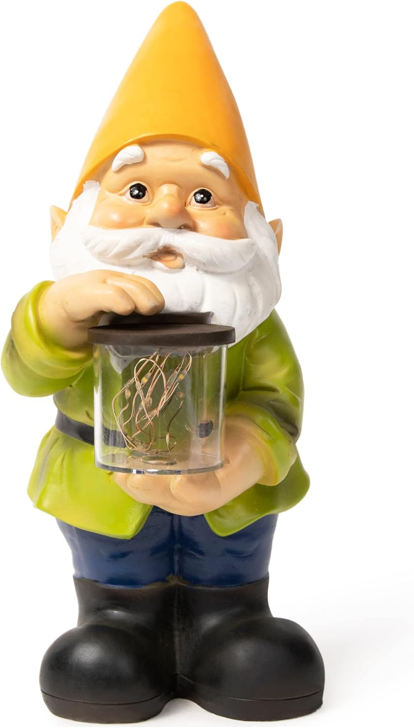 VP Home Firefly Jar Gnomes - Outdoor Garden Gnome with Solar Light - Durable Garden Decorations for Yard, Lawn, Patio - 10.5H x 7W x 5.5D - Weather-Resistant Gnome Statue
