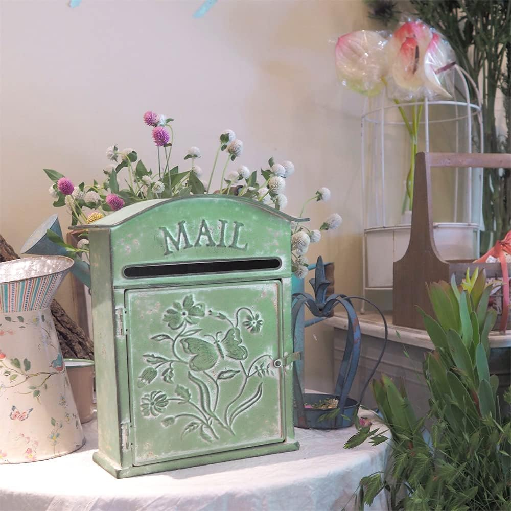 BIG FORTUNE Wall Mount Mailbox for House Outside Vintage Metal Door Mailbox Antique Style Nostalgic Charm Home Decor Garden Vintage English Cottage Decor Green