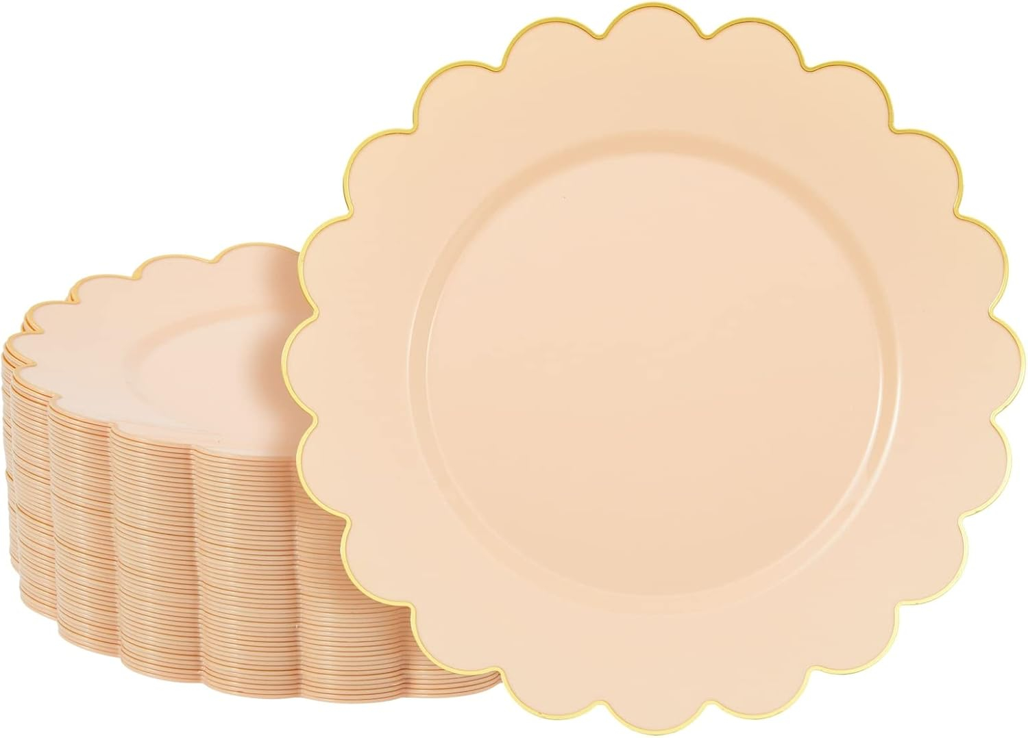 BLUE PANDA 50 Pack Ivory Pink Plastic Plates for Party, 9 Inch Disposable for Party Supplies, Wedding, Gold Foil Scalloped Edges - Scalloped Plates