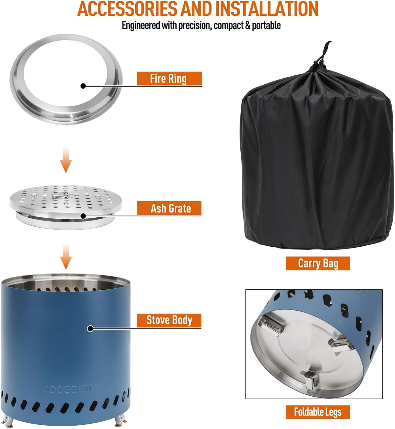 Smokeless Fire Pit 9.6 in. H Outdoor Portable Stainless Steel Tabletop Wood Burning Fire Pit with Storage Bag, Blue