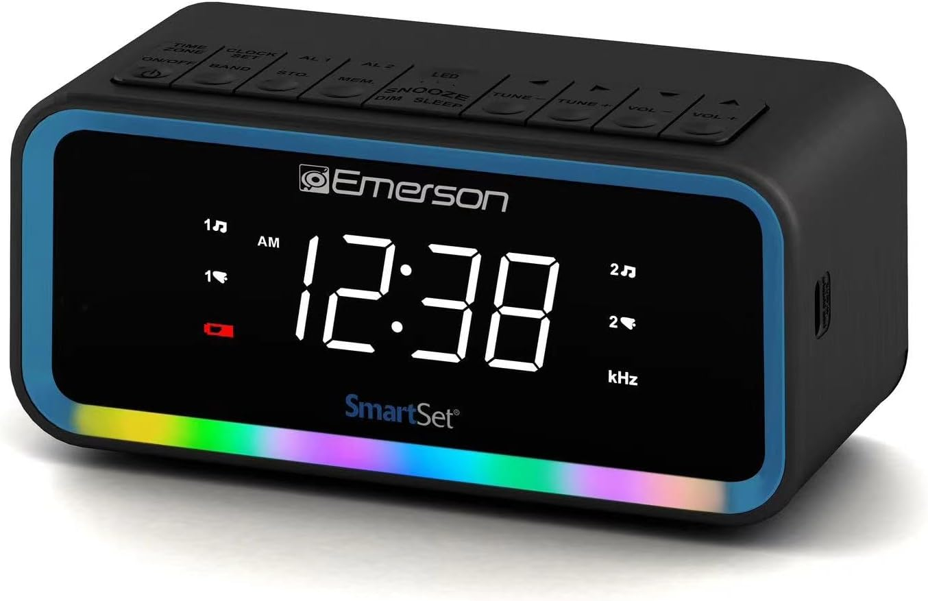 Emerson SmartSet AM/FM, Dual Alarm Clock Radio, 0.9" White LED, USB-C Charging and Multi-Color LED Decor, CKS1401