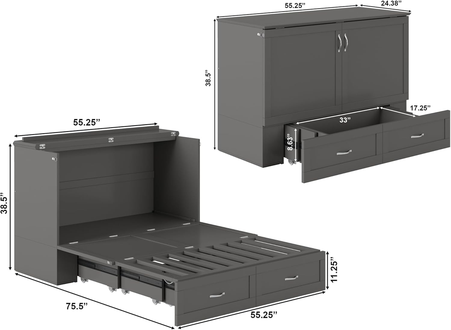 AFI Hamilton Full Solid Wood Murphy Bed Chest with Built-In Charger in Gray