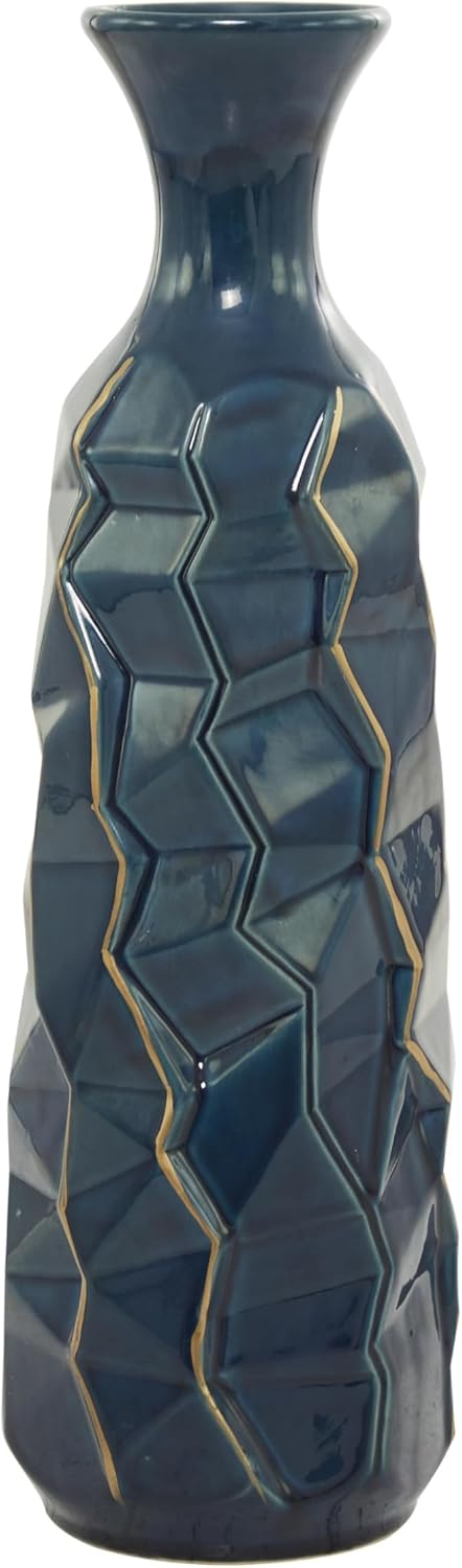 DecMode Blue Ceramic Modern and Coastal Vase 5"W x 15"H, featuring Minimalist Design with clean Lines and Angular Structures
