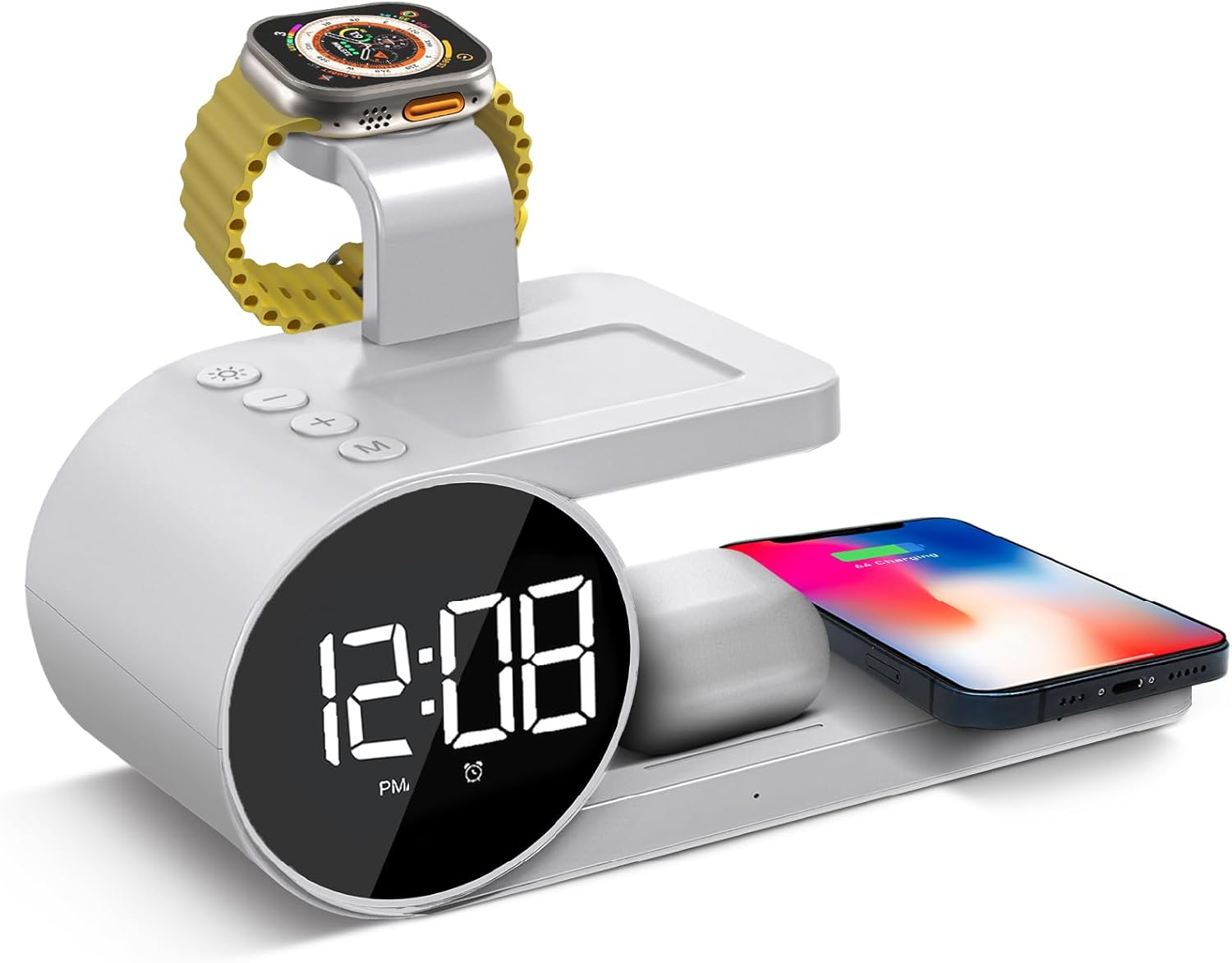 Brookstone 4-in-1 Wireless Charging Station: Stylish | Compatible for iPhone 15,14,13,12 Pro Max Series, All iWatch Series, Compatible with Airpods 3,2 Pro| Wireless Charging Station with Clock.