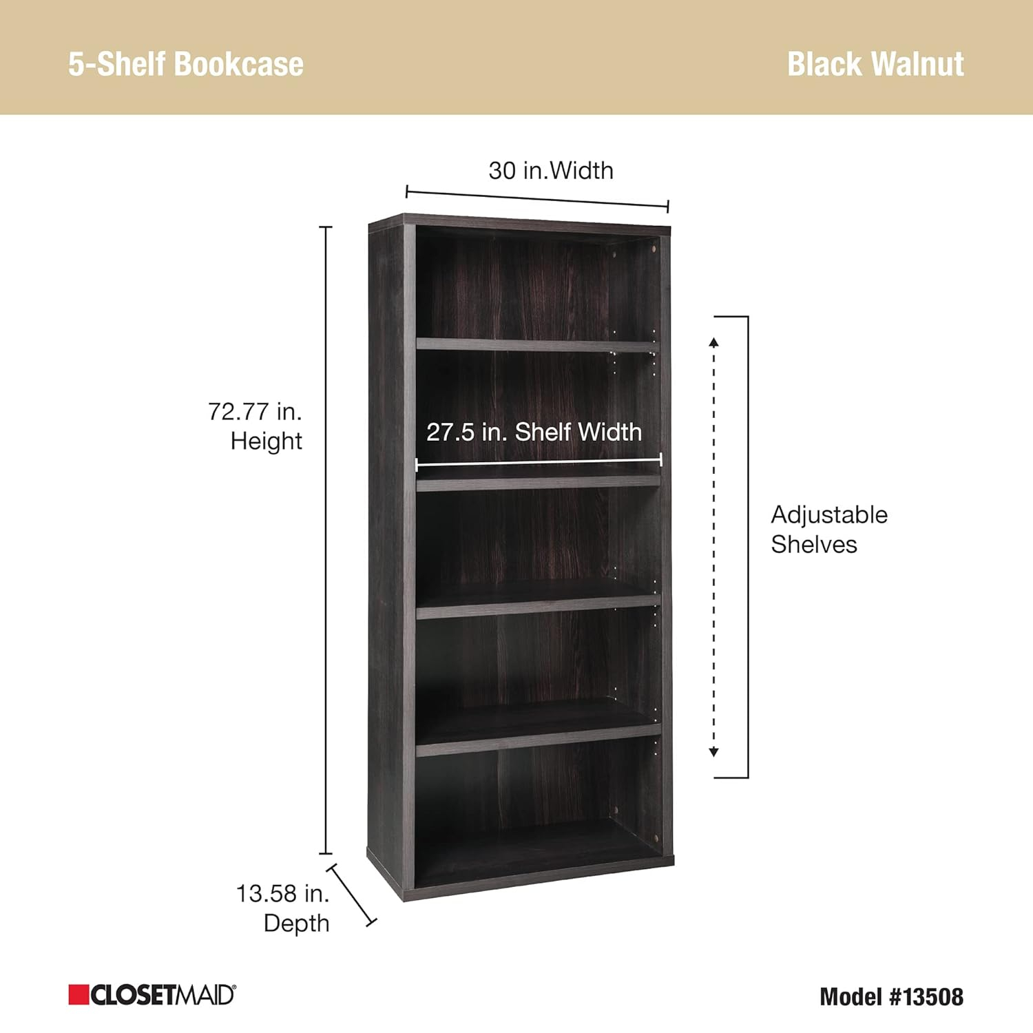 Adjustable Black Walnut 5-Tier Laminated Bookshelf