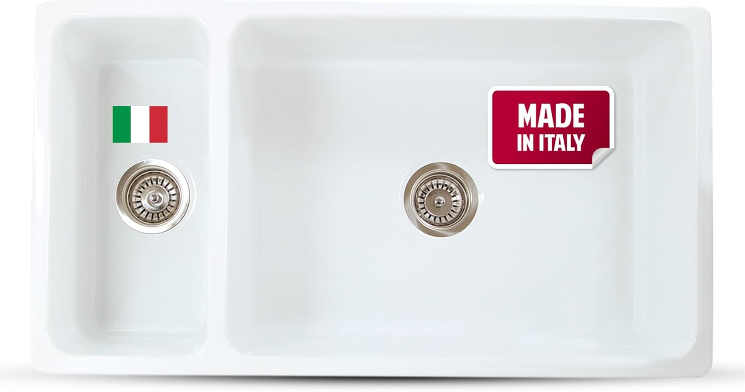 White Farmhouse Sink – 36" Farm Kitchen Sink with Apron, Fireclay, Made in Italy – Double Bowl, Sturdy, Reversible, Undermount, Scratch Resistant, Easy to Clean HP-FC9010-W