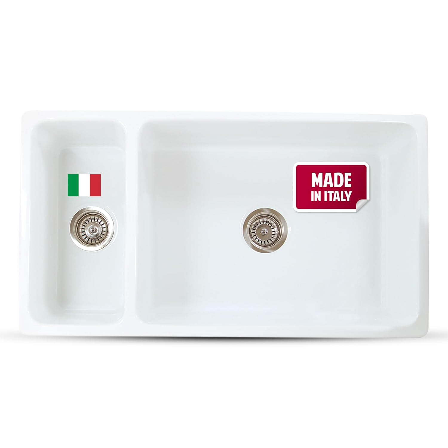 White Farmhouse Sink – 36" Farm Kitchen Sink with Apron, Fireclay, Made in Italy – Double Bowl, Sturdy, Reversible, Undermount, Scratch Resistant, Easy to Clean HP-FC9010-W