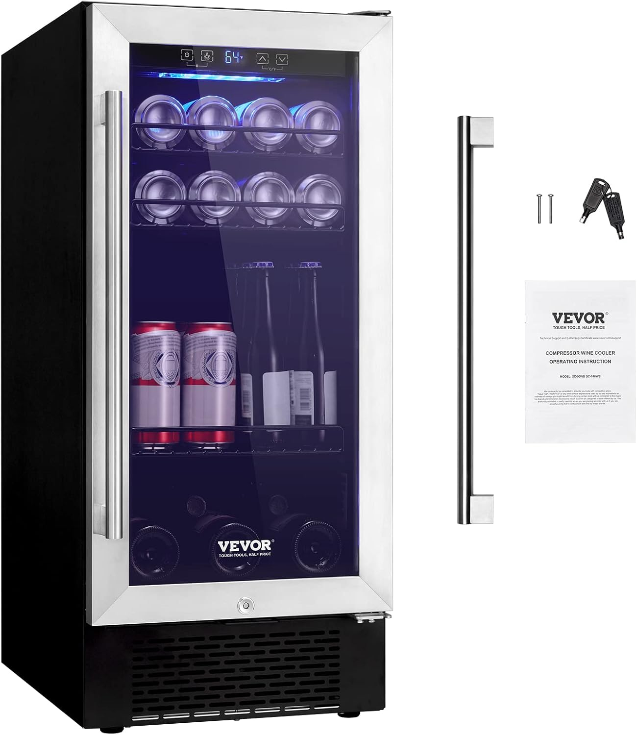 VEVOR Wine Cooler, 30 Bottles Capacity Under Counter Built-in or Freestanding Wine Refrigerator, Beverage Cooler with Blue LED Light, Single Door, Child Lock for Drink Beer Soda Wine Water, ETL Listed