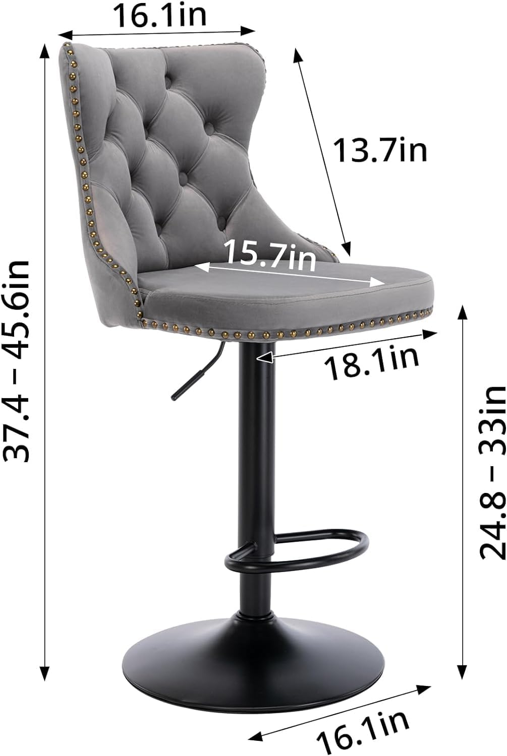 Swivel Bar Stools Set of 2, Adjustable Velvet Counter Height Barstools for Kitchen Island Dining Room, Modern Bar Chairs with Back, Nailheads Trim, Button Tufted