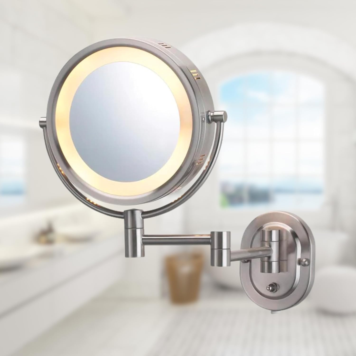 Jerdon 8-inch Two-Sided Lighted Makeup Mirror, 5X-1X Magnification - Plug in - Nickel Finish - Model HL65N
