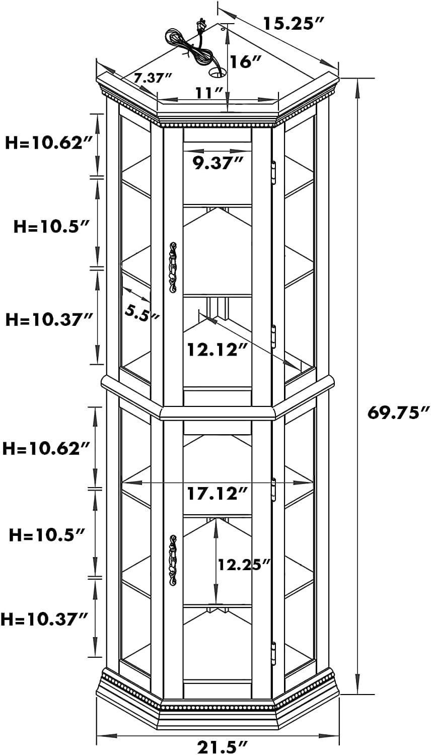 Walnut Lighted Corner Curio Cabinet with Glass Shelves