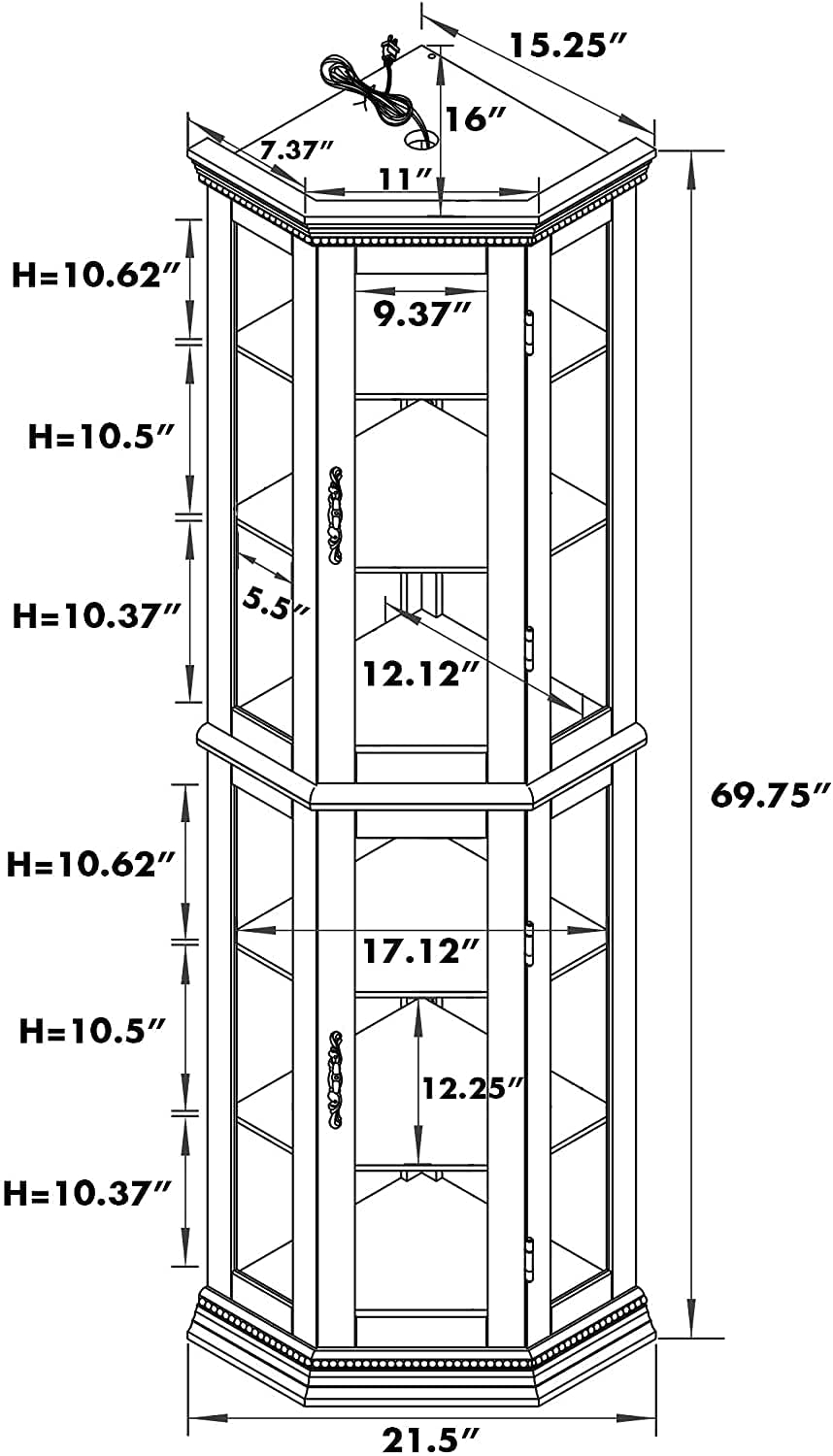Lighted Curio Cabinet Wooden Corner Display Cabinet with Adjustable Tempered Glass Shelves Vintage Accent Storage Cabinet with Mirrored Back & Tempered Glass Doors, Oak