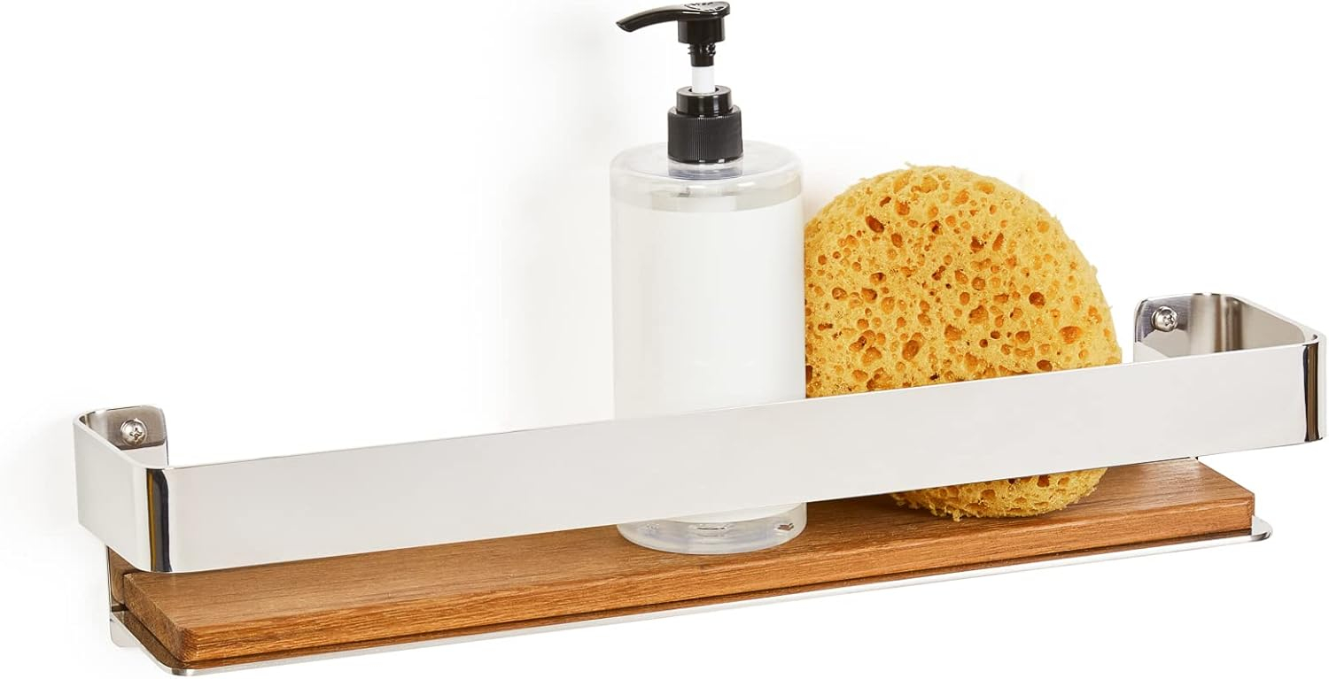 Floating Rectangular Shower Shelf with Rail in a Polished Finish and Natural Teak Wood Insert