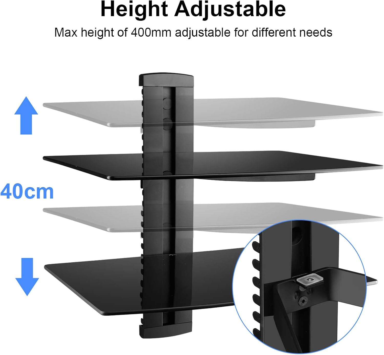 Suptek Glass Floating Shelves, TV Wall Mount with Shelf for DVD Player / PS4 / Cable Boxes/Game Consoles/Sky Box/TV Accessories, Flat Black 2-Tier Wall Mount Bracket