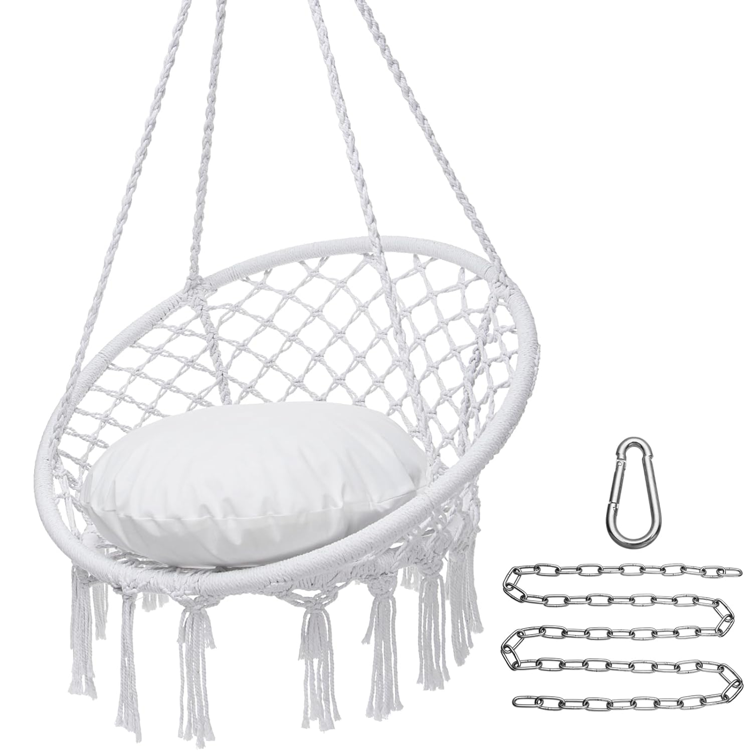 Hammock Chair Macrame Swing, Max 330 Lbs, Hanging Cotton Rope Hammock Swing Chair for Indoor Outdoor Home Patio Deck Yard Garden Reading Leisure Lounging, Hammock Chair+Cushion+Acce