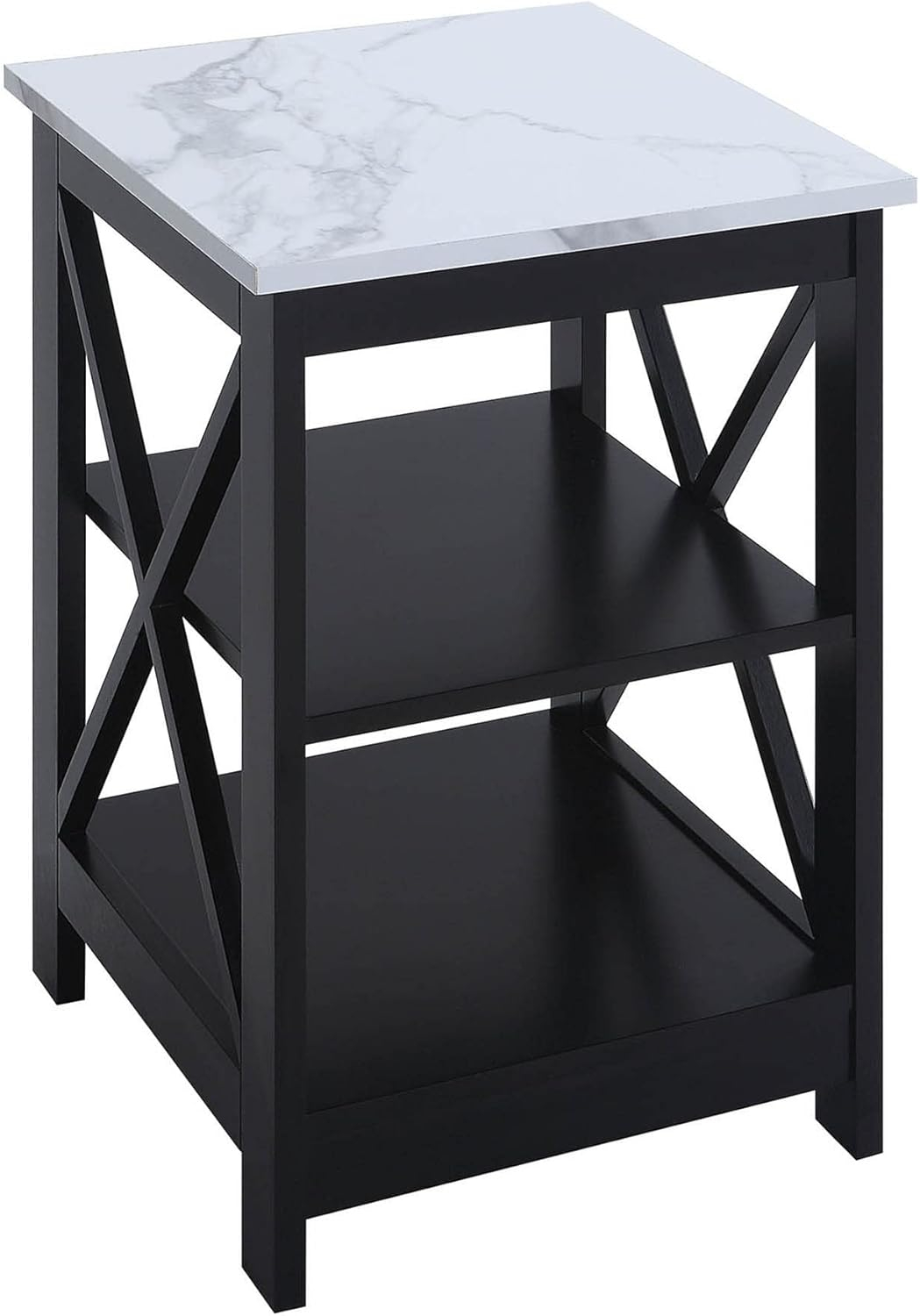 Convenience Concepts Oxford End Table with Shelves, White Faux Marble/Black