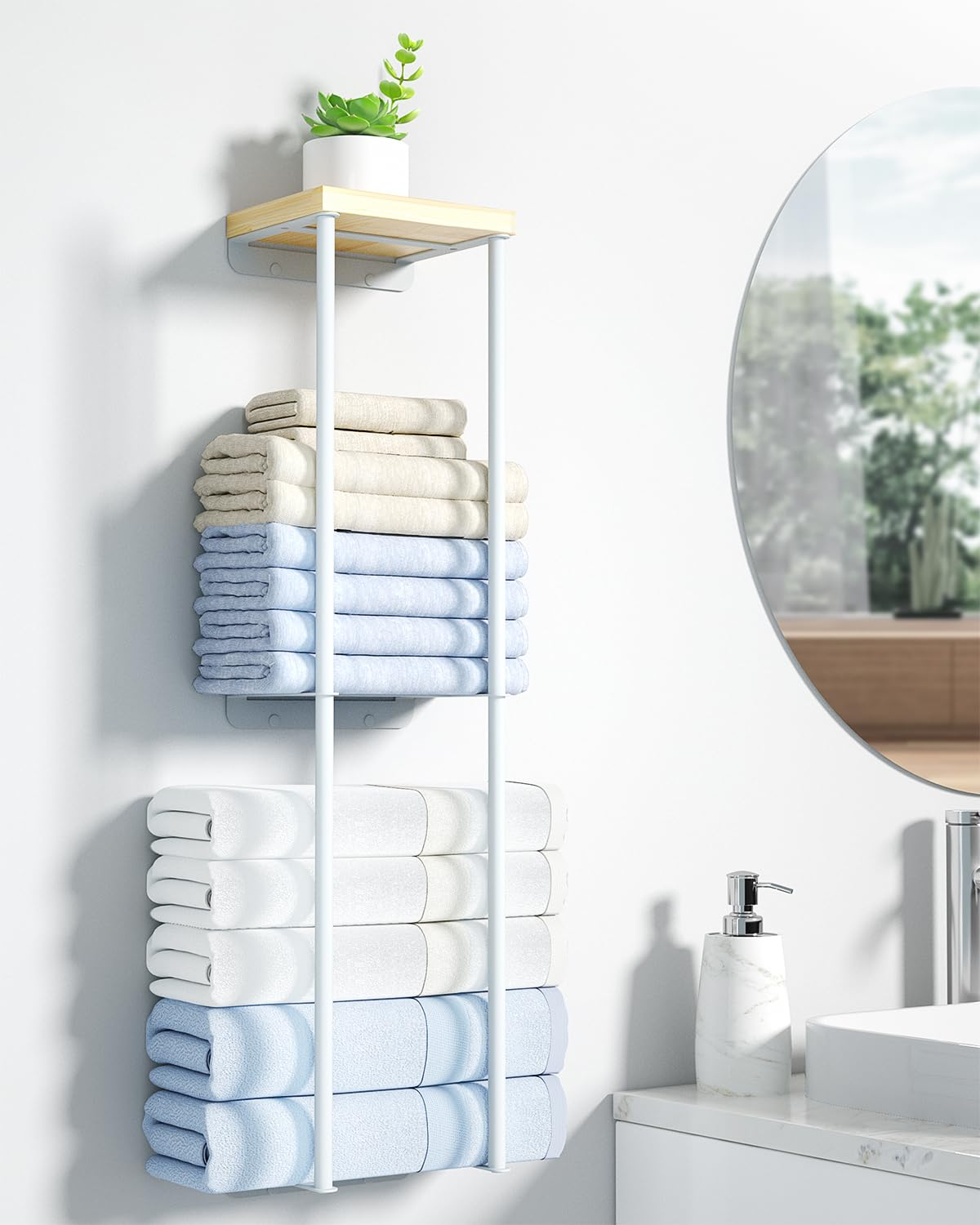 Towel Racks for Bathroom, 2 Tier Wall Towel Holder with Wood Shelf, Metal Wall Mounted Bathroom Organizers and Storage, White