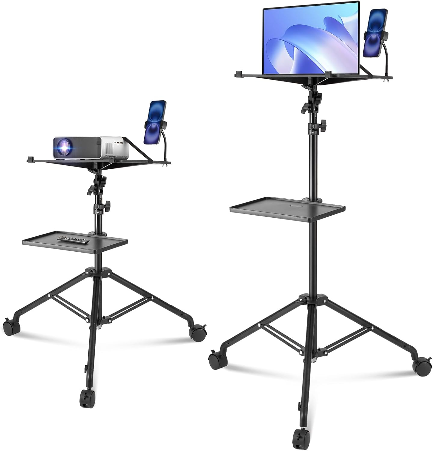 VEVOR Projector Stand with Wheels, Laptop Stand Tripod Adjustable Height from 31.3 to 67.3", Projector Tripod Stand with 2 Trays & Gooseneck Phone Holder, for Outdoor Movies, Home, Office or Studio