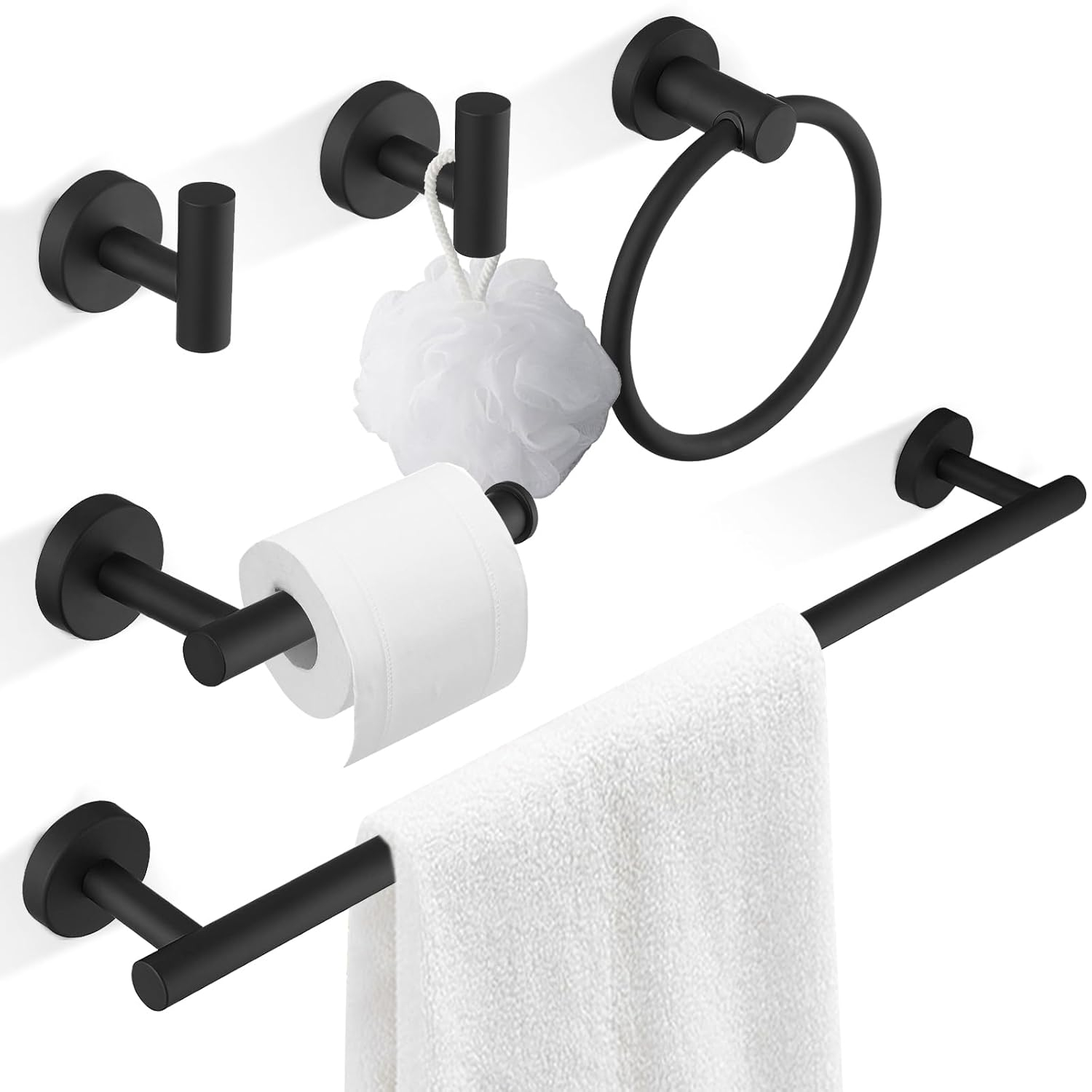 5-Piece Bathroom Hardware Set Matte Black Accessories Include 24-Inch Towel Bar, Towel Ring, Toilet Paper Holder and Robe Hooks Stainless Steel Wall Mounted Towel Hanger
