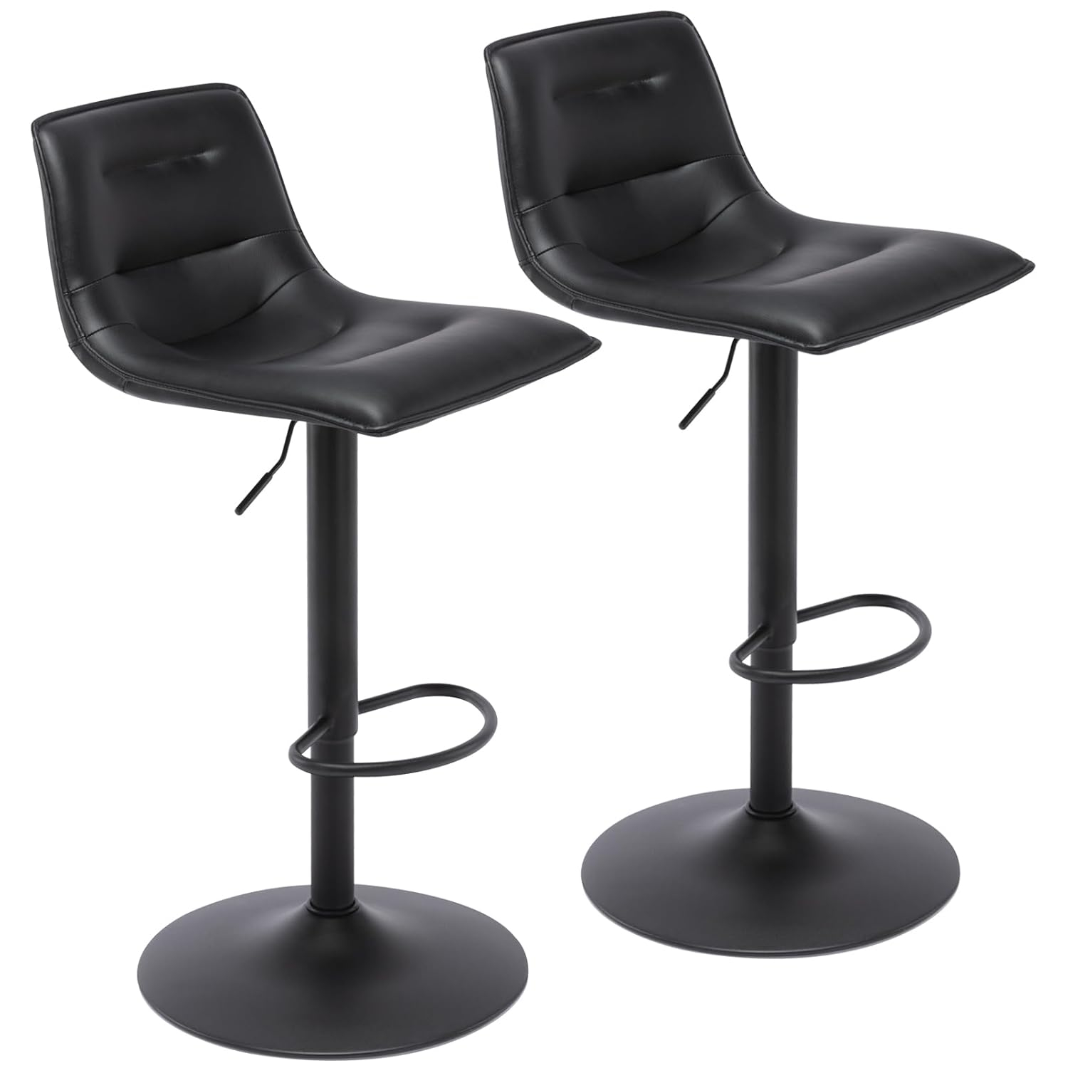 Brage Living Adjustable Bar Stools Set of 2, Modern PU Leather Swivel Counter Height Barstools with Back, Armless Airlift Curved Bar Chairs for Kitchen Dining Cafe (Black, Black Base)