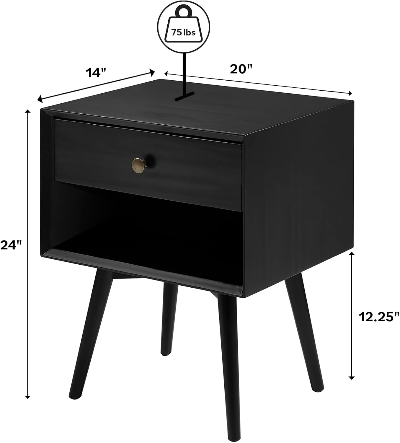 Mid-Century Modern Black Pine Wood 1-Drawer Nightstand