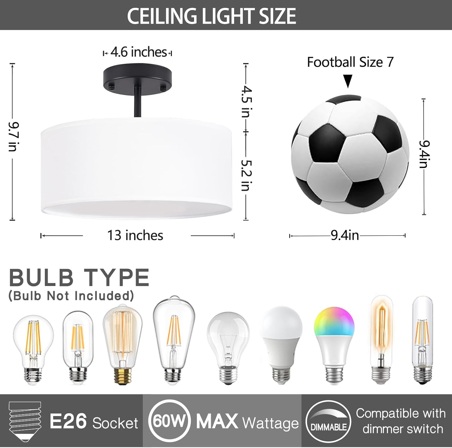 Bargeni Semi Flush Mount Ceiling Light,13 inch Modern 3-Light Ceiling Light Fixture,Black Semi Flush Mount Light Fixture,Flush Mount Lighting for Bedroom,Dinning Room and Hallway