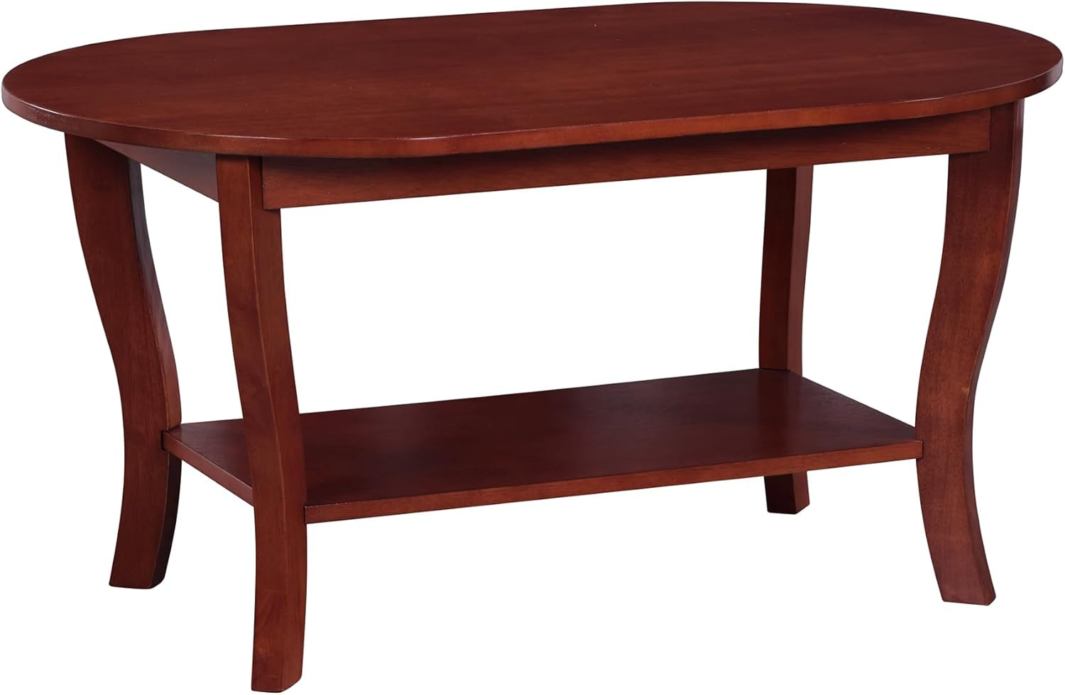 American Heritage Oval Coffee Table with Shelf in Mahogany Wood Finish