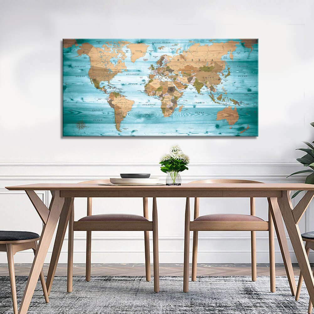 World Map Poster Wall Art for Office Decor Vintage Photos Canvas Prints Nautical Large Modern Framed Map of The World Canvas Wall Art Maps Pictures for Living Room Home Decor 24 x 48 Inches