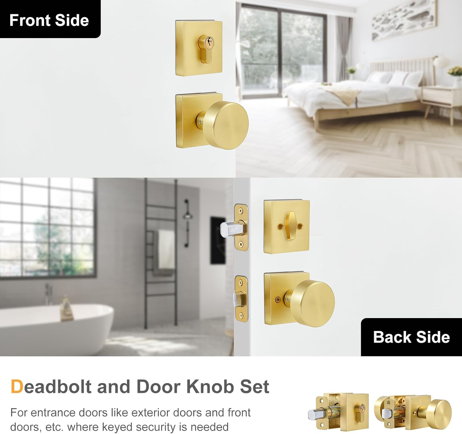 Modern Satin Brass Square Deadbolt Lock and Knob Set