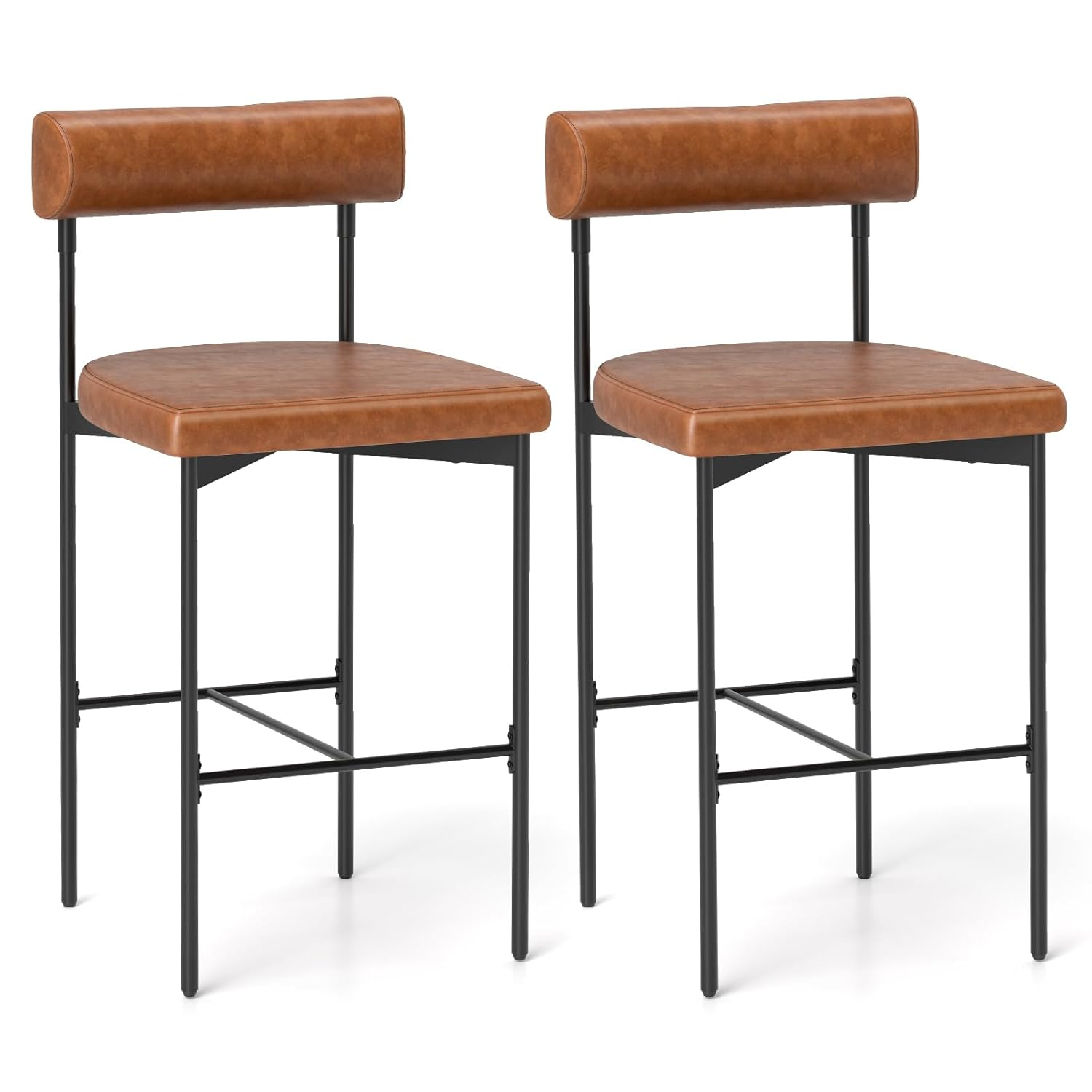Giantex Counter Height Bar Stools Set of 2, 26 Inch Upholstered Bar Chairs with Back, Padded Cushion, Footrest, Metal Frame, Modern Faux Leather Barstools for Kitchen Island, Dining Room, Pub, Brown