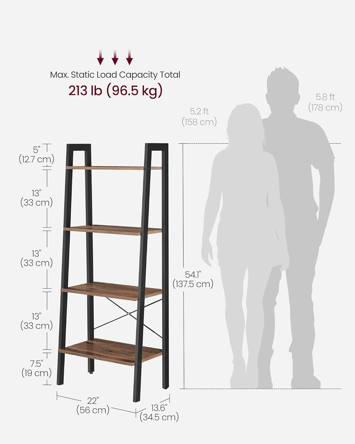 4-Tier Ladder Shelf Ladder Bookshelf Bookcase Storage Rack with Steel Frame Hazelnut Brown and Black