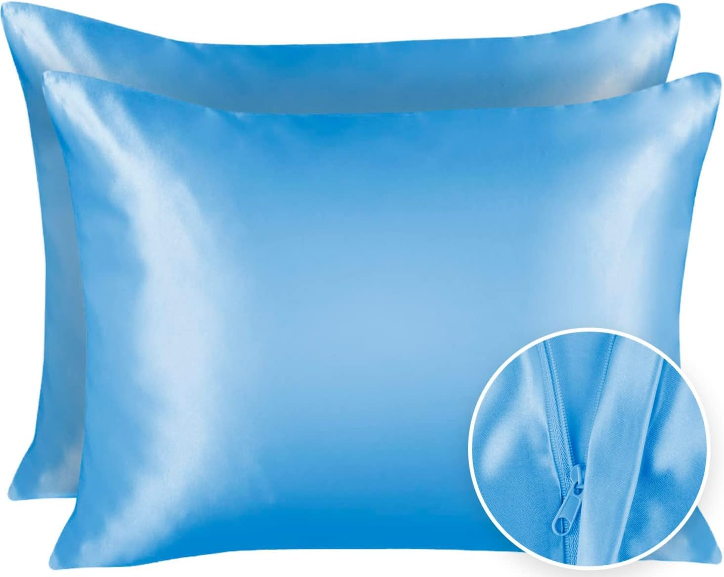 Blissford Luxury Jewel Blue Satin Pillowcase with Zipper Closure, Standard 2-Pack