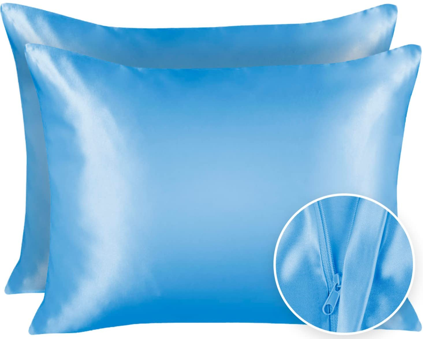 Blissford Luxury Jewel Blue Satin Pillowcase with Zipper Closure, Standard 2-Pack