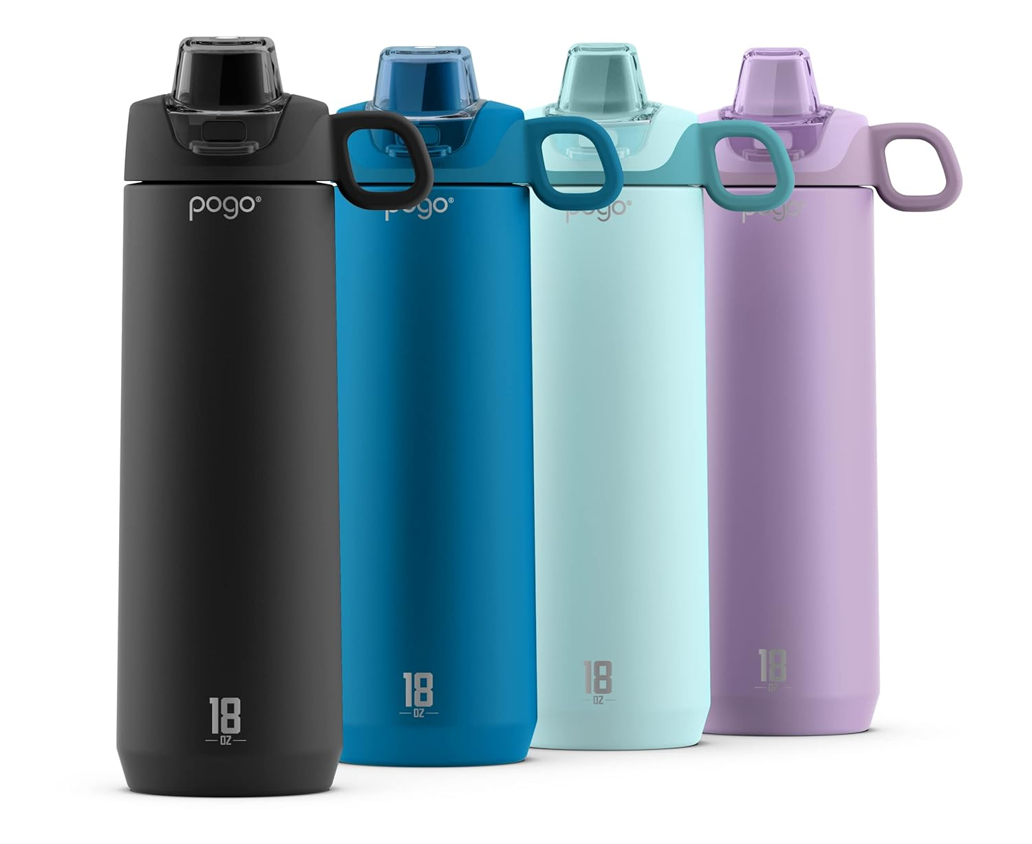 Pogo Active Vacuum Insulated Stainless Steel Water Bottle with Leak Proof Chug Lid and Silicone Carry Loop, Powdercoat, Black, 18 oz