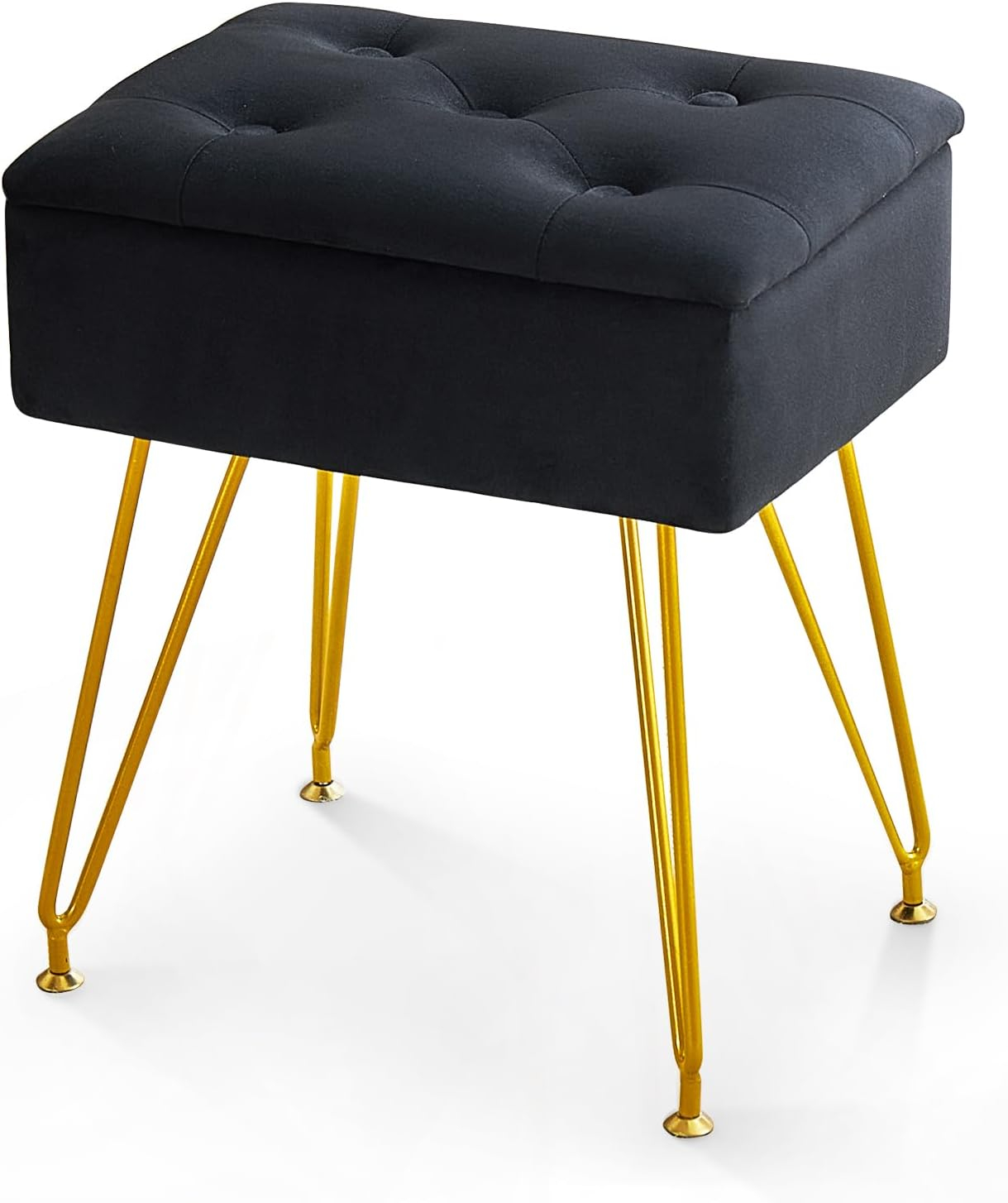 Vanity Stool Chair with Storage, Square Velvet Makeup Vanity Chair with Metal Legs & Adjustable Gold Feet, Flip Top Ottoman Foot Rest with Soft Padded Seat for Bedroom Living Room, Black
