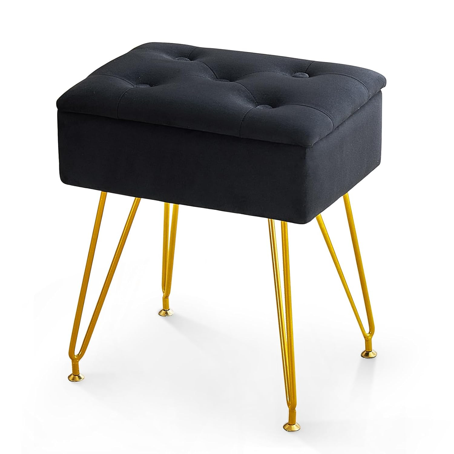 Vanity Stool Chair with Storage, Square Velvet Makeup Vanity Chair with Metal Legs & Adjustable Gold Feet, Flip Top Ottoman Foot Rest with Soft Padded Seat for Bedroom Living Room, Black