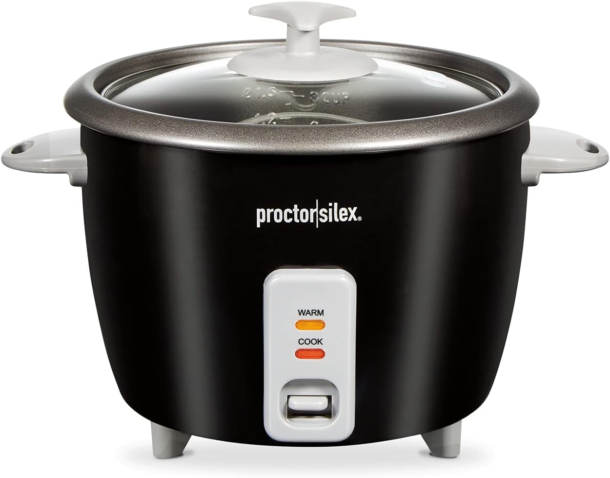 Proctor Silex Rice Cooker & Food Steamer, 16 Cups Cooked (8 Cups Uncooked), Includes Steam and Rinsing Basket, Black (37527)