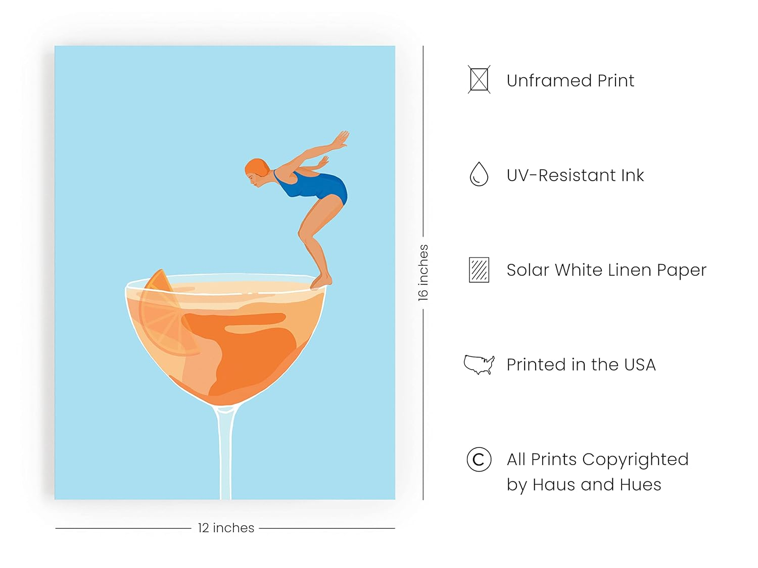 HAUS AND HUES Preppy Pictures Bar Art - Colorful Cocktail Prints, Bar Cart Accessories, Minimalist Blue and Orange Picture for Room Aesthetic, Bar Wall Decor, Vintage Aperol Spritz (12x16 Unframed)